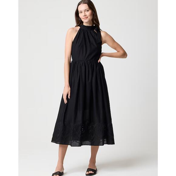 NWT J.Crew Tie Neck Midi Dress With Eyelet Dress Black Size 10 - Picture 1 of 10